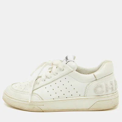 Pre-owned Chanel White Perforated Leather Cc Low Top Sneakers Size 38.5