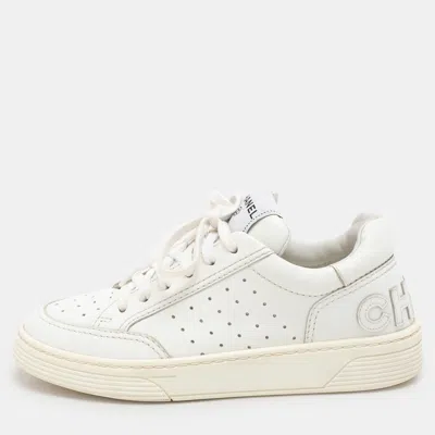 Pre-owned Chanel White Perforated Leather Low Top Sneakers Size 36.5