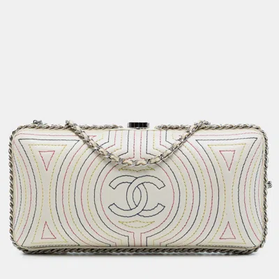 Pre-owned Chanel White Quilted Calfskin Korean Garden Clutch On Chain