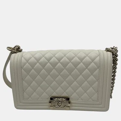 Pre-owned Chanel White Quilted Caviar Leather Medium Boy Flap Bag