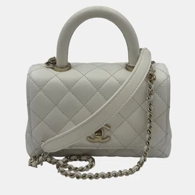 Pre-owned Chanel White Quilted Caviar Leather Mini Coco Top Handle Bag