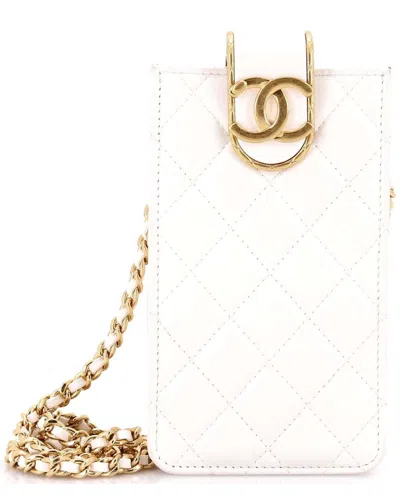 Pre-owned Chanel White Quilted Lambskin Cc Clasp Phone Holder Crossbody (authentic Pre-  Loved)