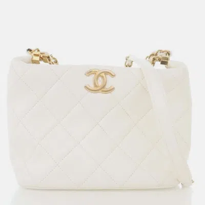 Pre-owned Chanel White Quilted Lambskin Small Crystal Logo Letters Chain Handle Bag