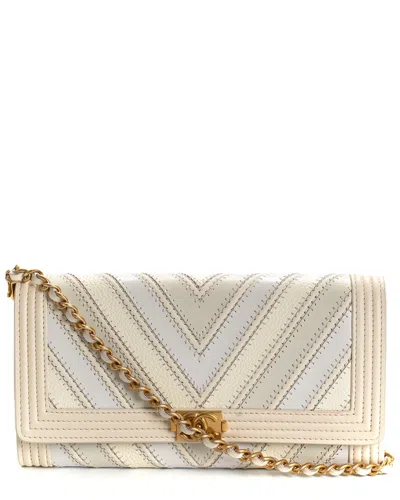 Pre-owned Chanel White Quilted Leather Chevron Mix Boy Single Flap Clutch (authentic  )
