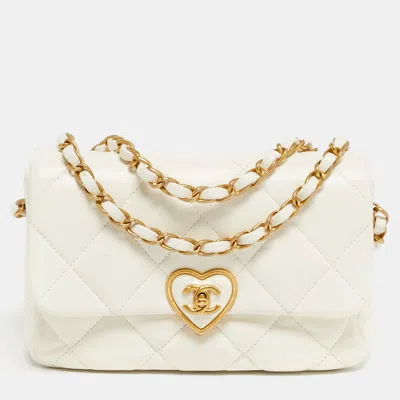 Pre-owned Chanel White Quilted Leather Small Coco Love Flap Bag