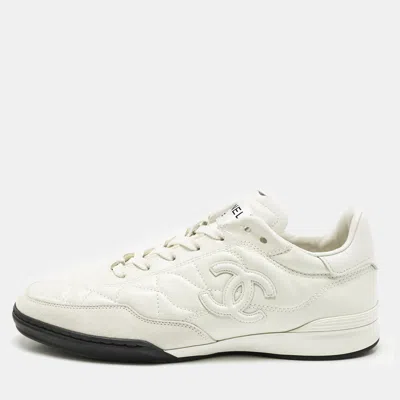 Pre-owned Chanel White Quilted Nylon And Leather Cc Low Top Sneaker Size 38