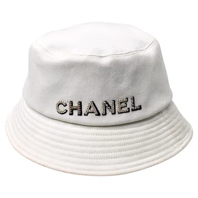Pre-owned Chanel White Sequin Logo Cotton Denim Bucket Hat