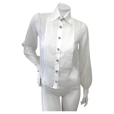Pre-owned Chanel White Silk Pleated Tuxedo Blouse With Crystal Cc Buttons Size 34