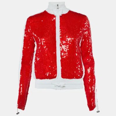 Pre-owned Chanel White Terry & Red Sequin Embbellished Zip Front Jacket S
