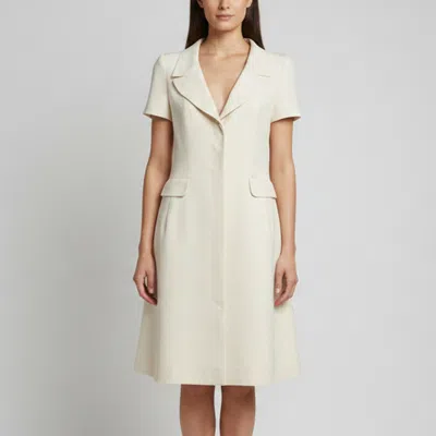 Pre-owned Chanel White Textured Silk Structured Lapel Collar Midi Dress L In Cream