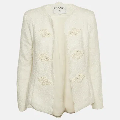 Pre-owned Chanel White Tweed Beads Embellished Jacket S