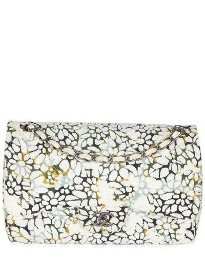 Pre-owned Chanel White Tweed Cut Out Floral Jumbo Double Flap Bag (authentic Pre-loved)