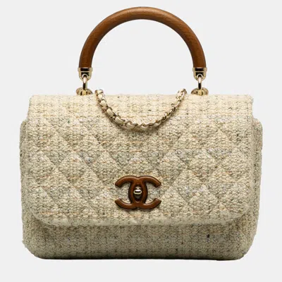Pre-owned Chanel White Tweed Knock On Wood Satchel