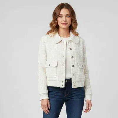 Pre-owned Chanel White Tweed Long Sleeve Collar Jacket M