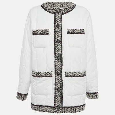 Pre-owned Chanel White Tweed Trim Nylon Puffer Jacket Xl