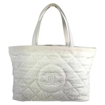 Pre-owned Chanel White Yellow Cotton Leather Beach Bag Shoulder Bag Tote Bag () In White, Yellow