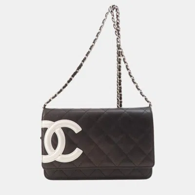 Pre-owned Chanel White/black Leather Cambon Ligne Wallet On Chain