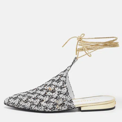 Pre-owned Chanel White/black Sequin And Tweed Ankle Wrap Flat Mules Size 36.5