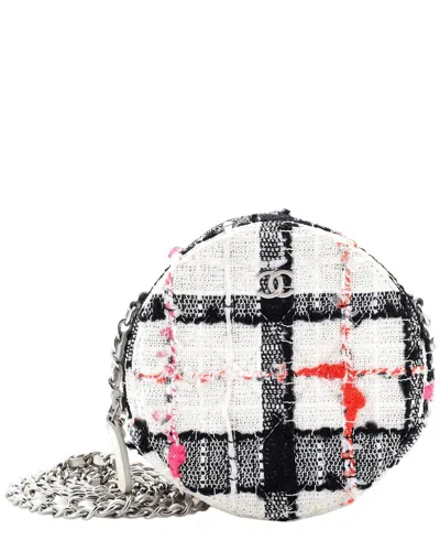 Pre-owned Chanel White/black/red Quilted Tweed Round Chain Clutch (authentic Pre-loved)