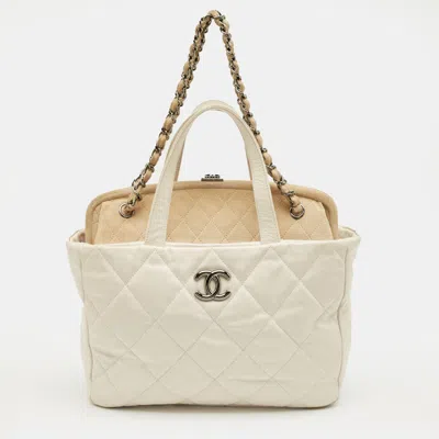 Pre-owned Chanel White/cream Quilted Glazed Leather And Suede Portobello Tote
