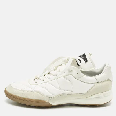 Pre-owned Chanel White/grey Perforated Leather And Suede Cc Low Top Sneakers Size 39