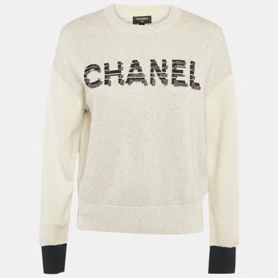 Pre-owned Chanel White/metallic Lurex Knit Logo Detail Long Sleeve Sweater M In Silver
