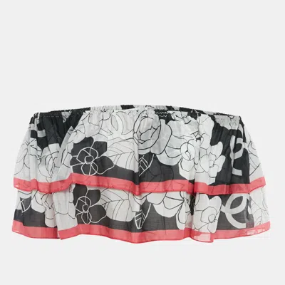 Pre-owned Chanel White/pink Floral Print Cotton Ruffled Top S