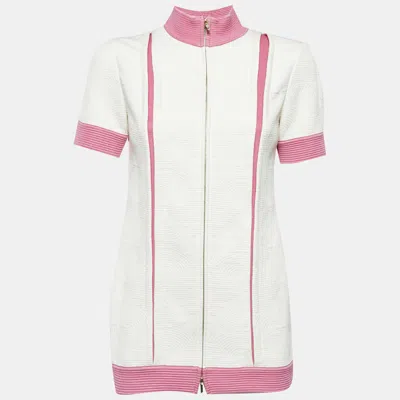 Pre-owned Chanel White/pink Jacquard Knit Zip-up Short Sleeve Jacket S