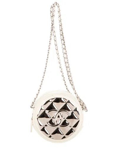 Chanel White/silver Metal Quilted Silver With Logo/ Lambskin Quilted Leather  Mirror Round Chain Cro In Neutral
