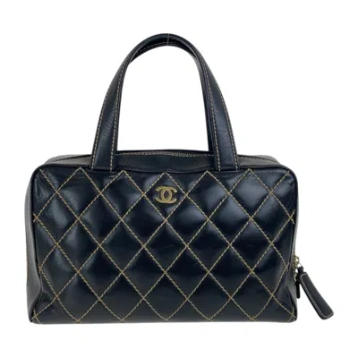 Pre-owned Chanel Wild Stitch Black Leather Boston Bag Handbag ()