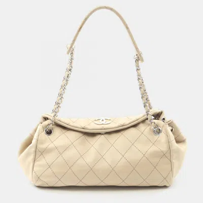 Pre-owned Chanel Wild Stitch Chain Shoulder Bag Leather Beige Shw Coco Cc In Sand