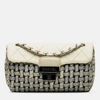 Pre-owned Chanel Wild Stitch Coco Mark Tweed Chain Shoulder Bag Blue White Wool Leather