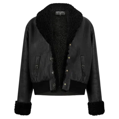 Pre-owned Chanel Women's Black Leather Shearling Cropped Bomber Jacket
