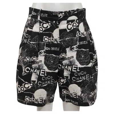 Pre-owned Chanel Women Camelia Floral Cc Logo Shorts It42 Us10 Black White Silk Cotton