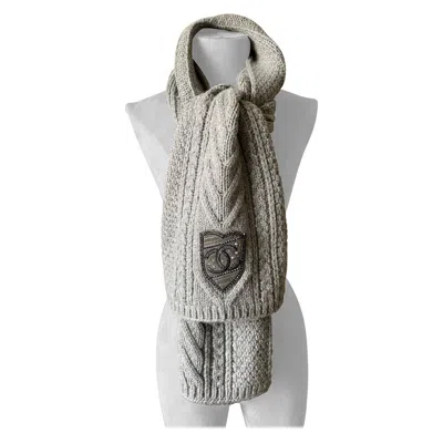 Pre-owned Chanel Women's Cashmere Scarf With Cc Logo Badge And Pearls, Italy In Gray