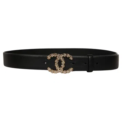 Pre-owned Chanel Women Cc Logo Crystal Rhinestone Belt Gold 85 / 34 Black Lambskin Leather