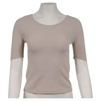Pre-owned Chanel Women Cc Logo Top Size Medium Beige Tan Perforated Short Sleeve T Shirt In Brown