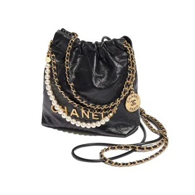 Pre-owned Chanel Women's  22 Handbag Mini 23s Shiny Crumpled Calfskin In Black With Pearl Chain