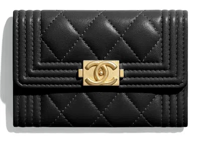 Pre-owned Chanel Women's  Boy Flap Card Holder Quilted Lambskin Goldtone In Black
