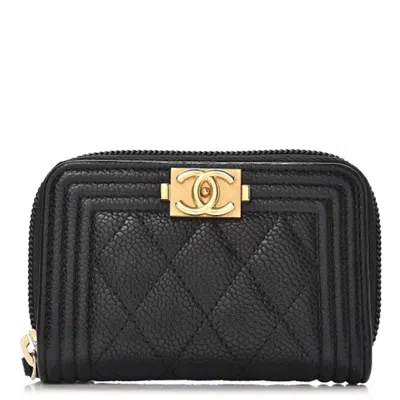Pre-owned Chanel Women's  Boy Zip Around Coin Purse Wallet Quilted Caviar Goldtone In Black