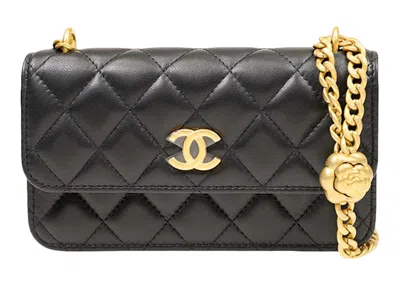Pre-owned Chanel Women's  Camellia Adjusting Buckle Chain With Gold Cc Logo Phone Holder Shoulder Bag In Black