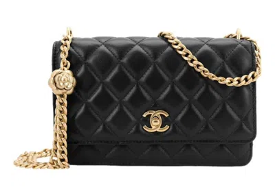 Pre-owned Chanel Women's  Camellia Adjusting Buckle Chain With Gold Cc Logo Woc In Black (ap3297/b10702/94305)