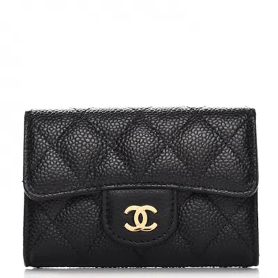 Pre-owned Chanel Women's  Card Holder Quilted Caviar Goldtone In Black