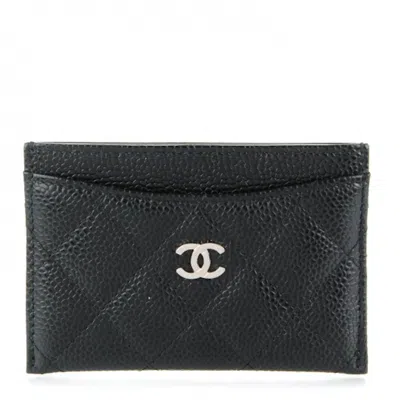 Pre-owned Chanel Women's  Card Holder Quilted Caviar Silvertone In Black