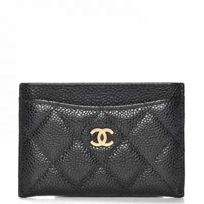 Pre-owned Chanel Women's  Classic Card Holder Quilted Caviar Goldtone In Black