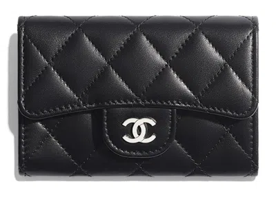 Pre-owned Chanel Women's  Classic Card Holder Quilted Silvertone In Black