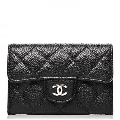 Pre-owned Chanel Women's  Flap Card Holder Quilted Caviar Silvertone In Black