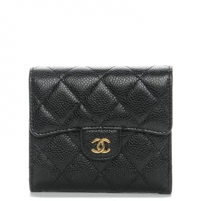 Pre-owned Chanel Women's  Flap Compact Wallet Quilted Caviar Goldtone In Black