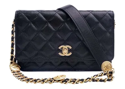 Pre-owned Chanel Women's  Gold Coin Chain Black Wallet On Chain In Black (ap2840/b08447/94305)