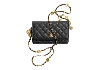 Pre-owned Chanel Women's  Gold Coin Chain Black Wallet On Chain In Black (ap3113/b09805/94305)